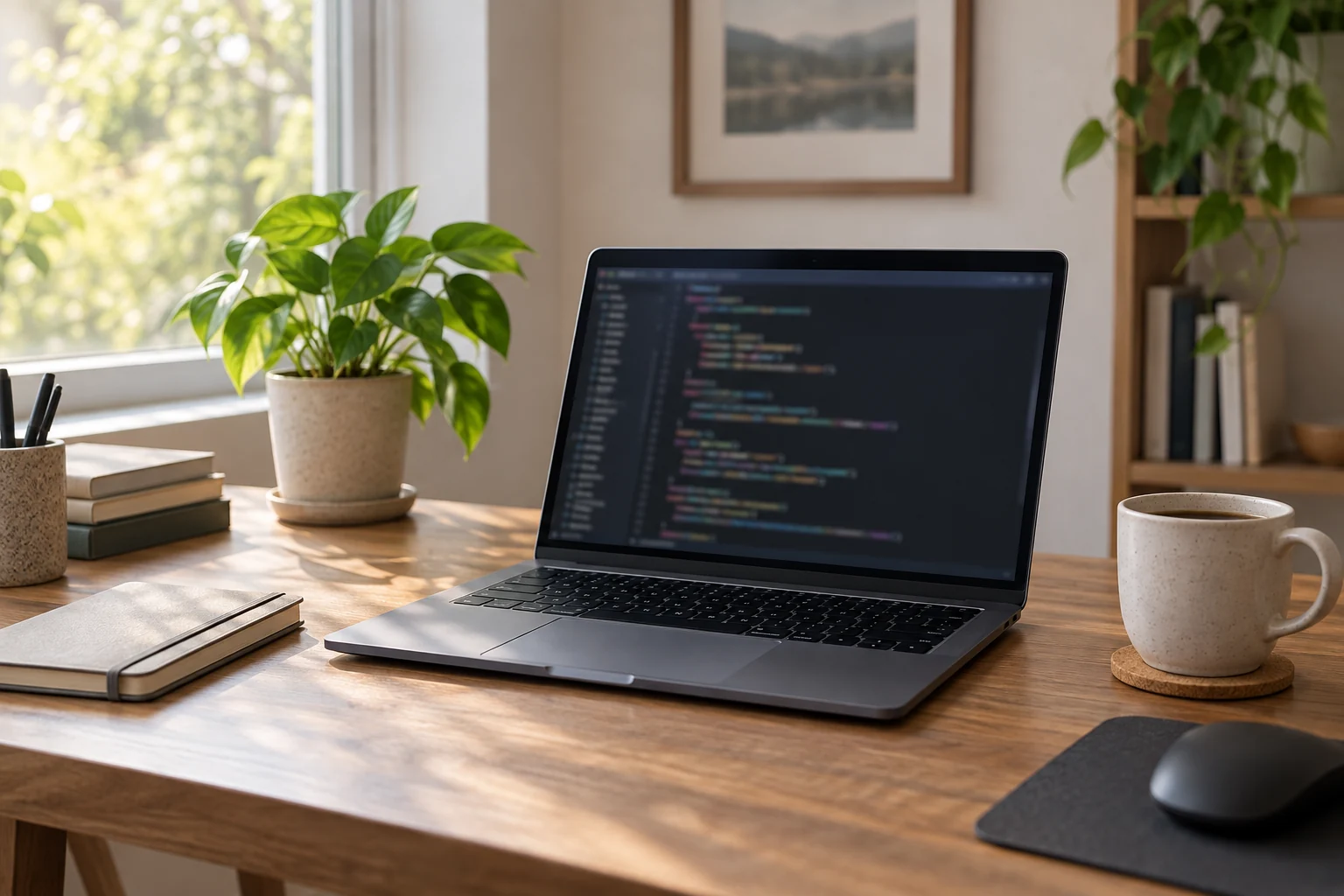 Pencere ışığında laptop, seramik kupa ve bitkili sakin bir yazılım geliştirici çalışma masası.